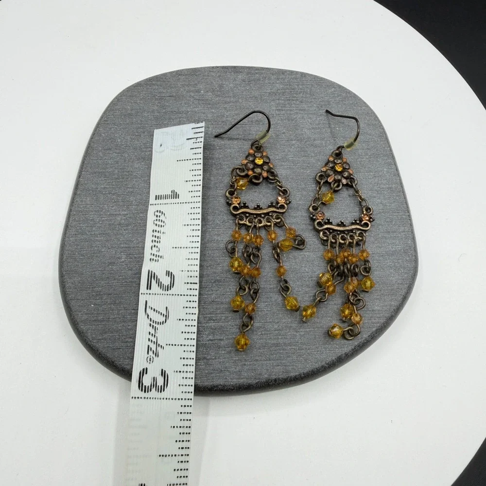 Bronze & Amber Tone Bead Chandelier Earrings Boho Floral Statement Pierced Drop